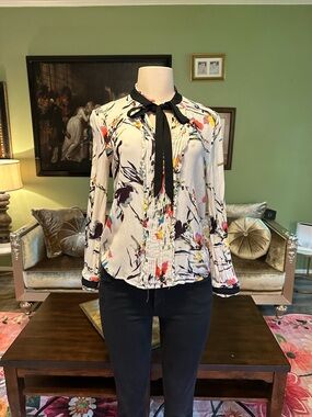 Chloe Multicolor Floral Blouse with Black Collar FLAWED